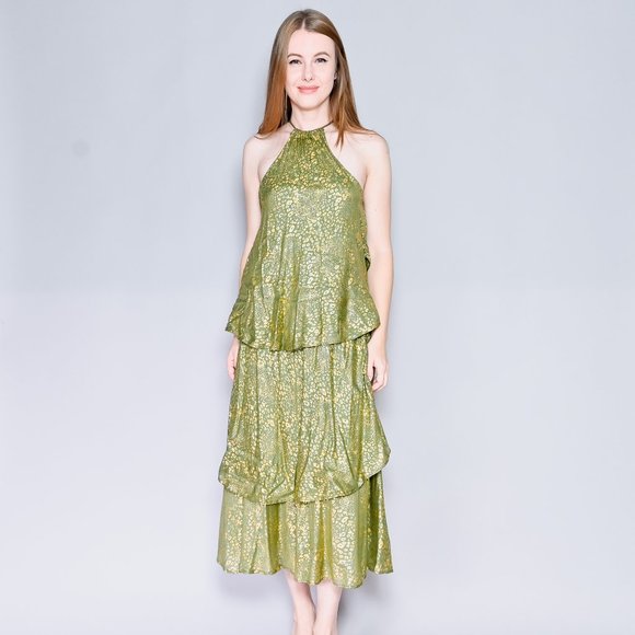 CLAIRE KANE Senegal Green & Gold Tiered Dress M EUC $338 - Picture 1 of 6